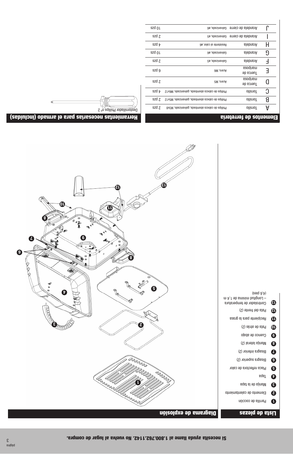 Lista de piezas, Diagrama de explosión, Elementos de ferretería | Herramientas necesarias para el armado (incluidas) | Blue Rhino Electric Grill EBT701W User Manual | Page 14 / 16