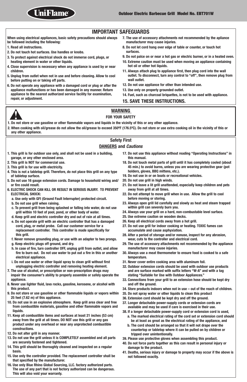 Important safeguards, Warning, Save these instructions | Safety first dangers and cautions | Blue Rhino Electric Grill EBT701W User Manual | Page 2 / 16