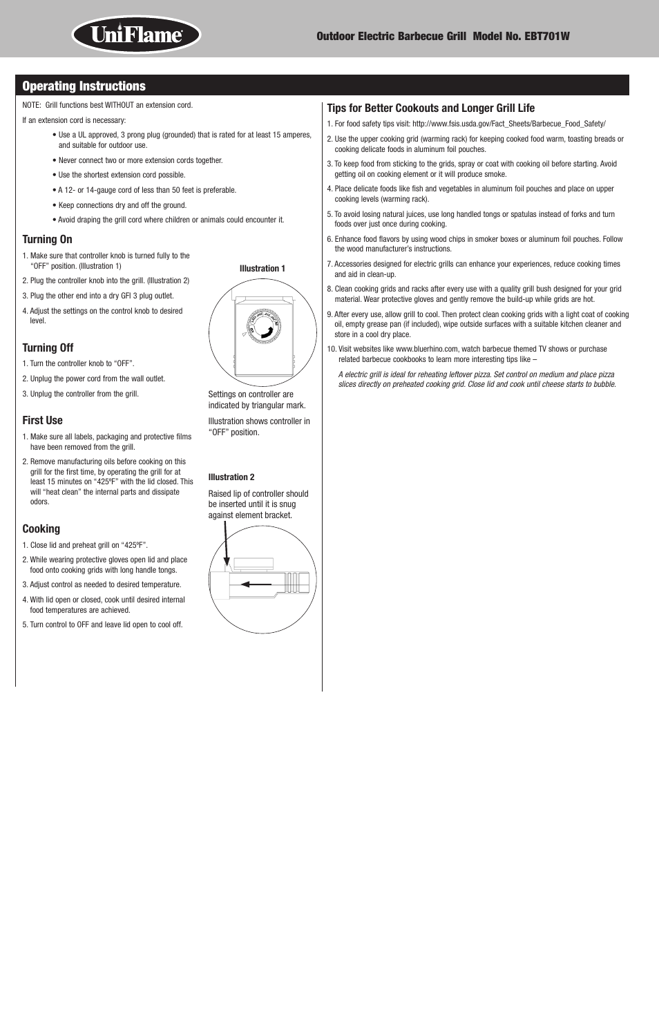 Operating instructions | Blue Rhino Electric Grill EBT701W User Manual | Page 6 / 16