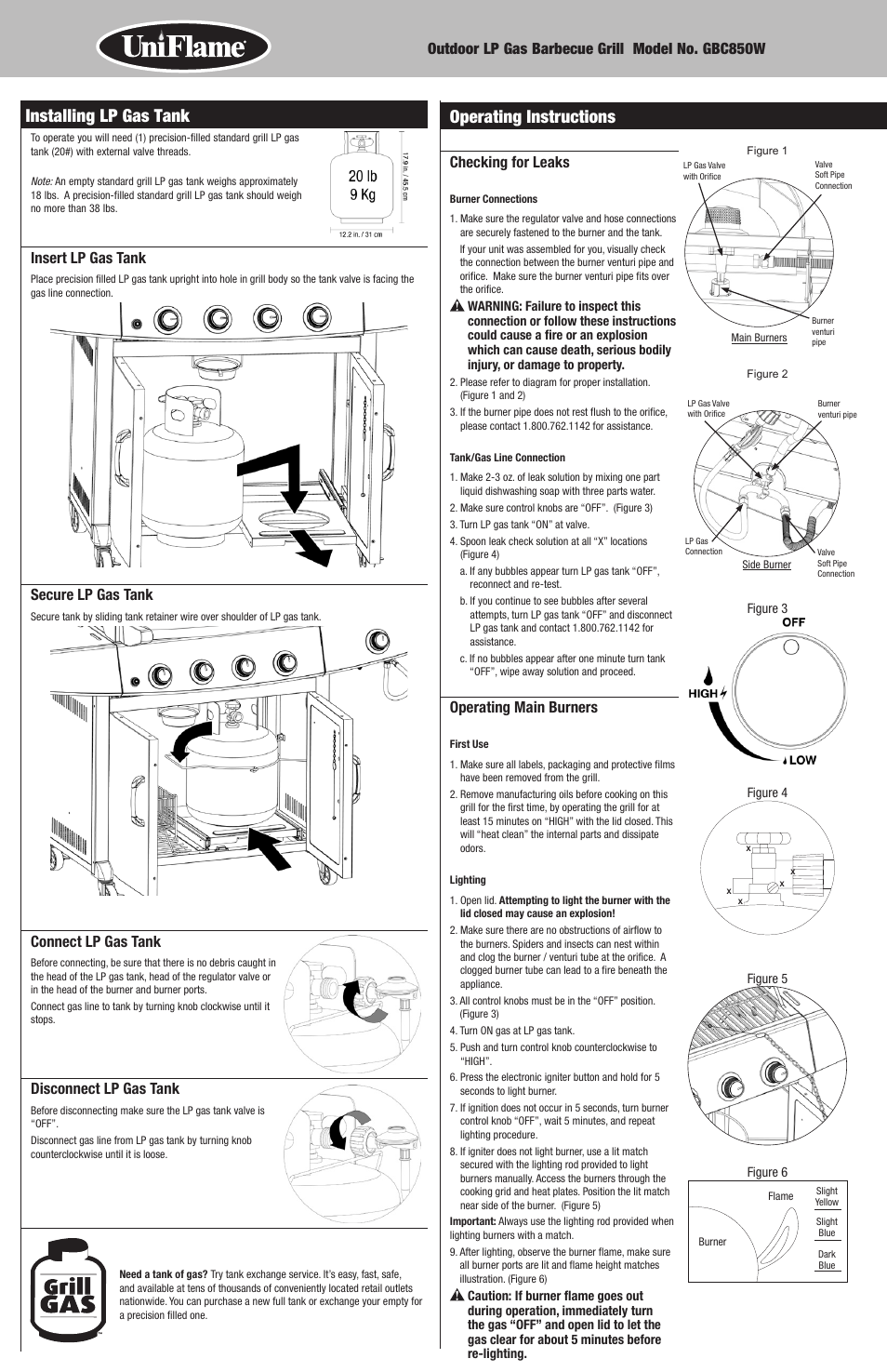 Operating instructions, Installing lp gas tank, Checking for leaks | Operating main burners, Insert lp gas tank, Secure lp gas tank, Connect lp gas tank, Disconnect lp gas tank | Blue Rhino GBC850W-C User Manual | Page 10 / 28