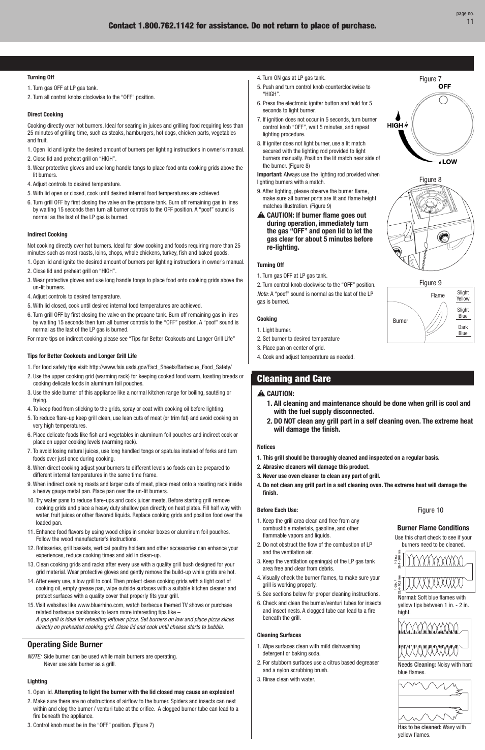 Operating instructions, Cleaning and care, Checking for leaks | Operating main burners, Operating side burner | Blue Rhino GBC850W-C User Manual | Page 11 / 28