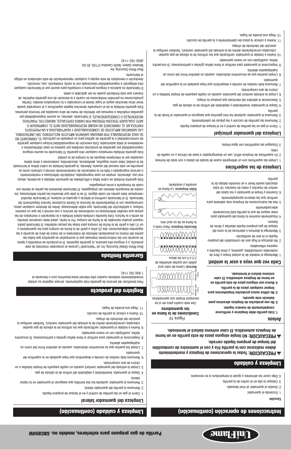 Registro del producto, Garantia limitada, Limpieza y cuidado (continuación) | Limpieza y cuidado, Instrucciones de operación (continuación), Prec aucion, Avisos, Cada vez que vay a a usar la unidad, Limpieza de las superficies, Limpieza del quemador principal | Blue Rhino GBC850W-C User Manual | Page 17 / 28