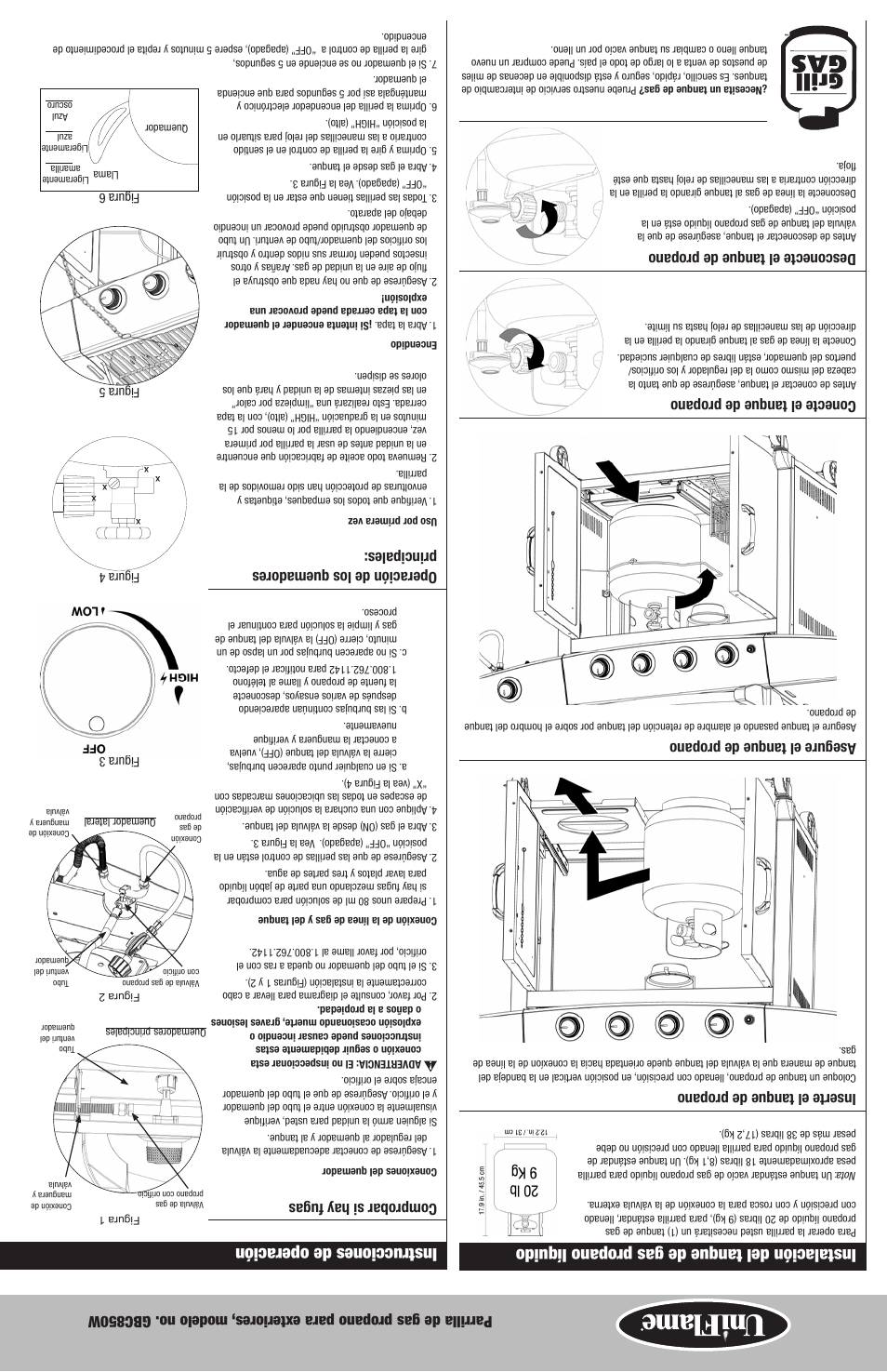 Instrucciones de operación, Instalación del tanque de gas propano líquido, Comprobar si hay fugas | Operación de los quemadores principales, Inserte el tanque de propano, Asegure el tanque de propano, Conecte el tanque de propano, Desconecte el tanque de propano | Blue Rhino GBC850W-C User Manual | Page 19 / 28