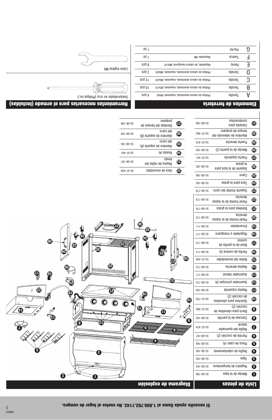 Elementos de ferretería, Herramientas necesarias para el armado (incluidas), Lista de piezas | Diagrama de explosión | Blue Rhino GBC850W-C User Manual | Page 26 / 28