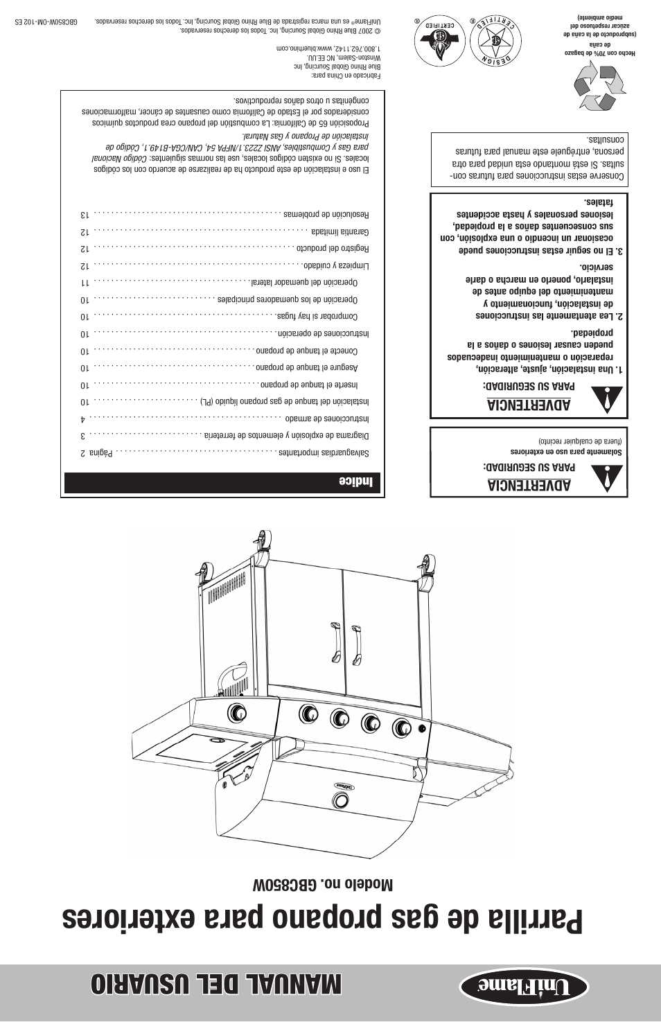 Parrilla de gas propano para e xteriores, Manual del usu ario, Modelo no. gbc850w | Advertencia, Indice | Blue Rhino GBC850W-C User Manual | Page 28 / 28