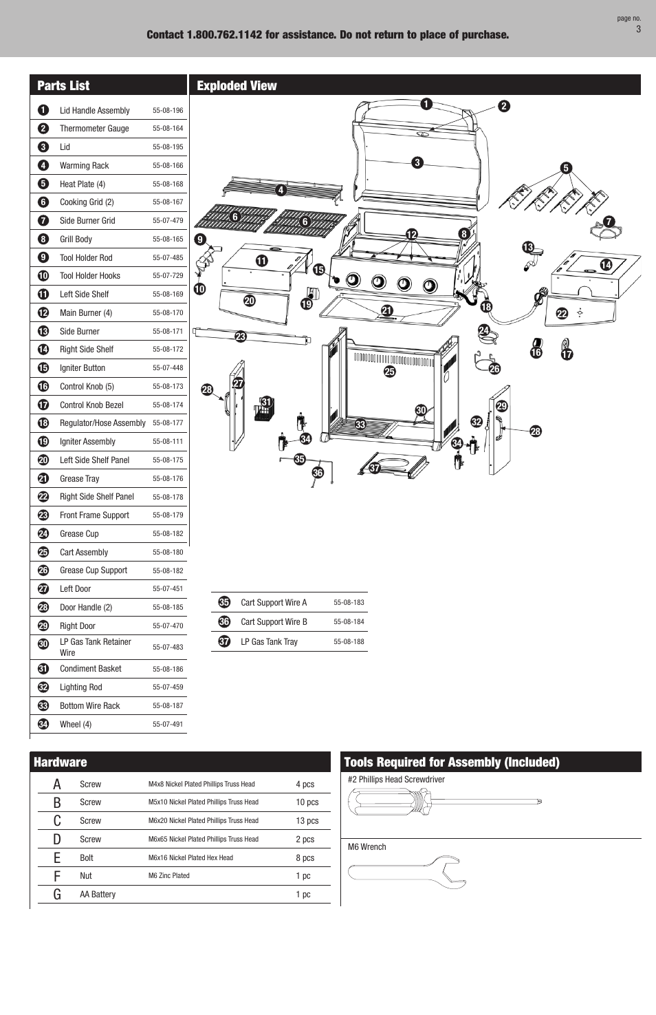 Tools required for assembly (included), Hardware, Parts list | Exploded view | Blue Rhino GBC850W-C User Manual | Page 3 / 28