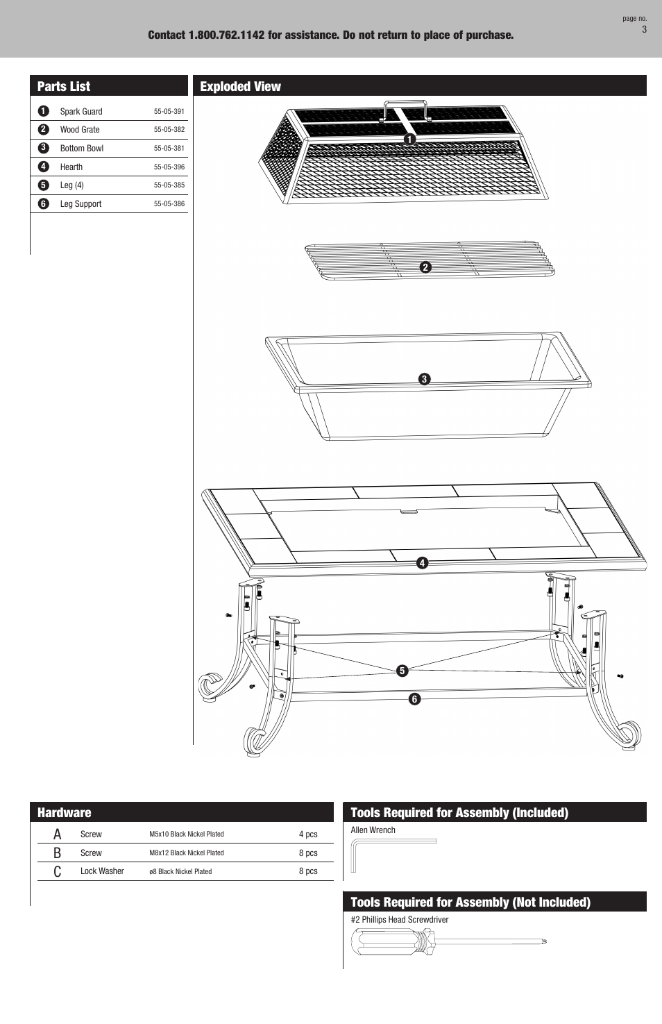 Parts list, Hardware, Tools required for assembly (included) | Tools required for assembly (not included), Exploded view | Blue Rhino WAD794SPA User Manual | Page 3 / 8