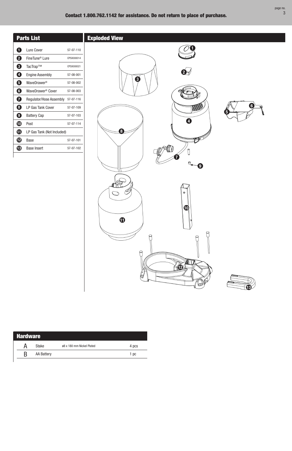 Parts list, Exploded view hardware | Blue Rhino SV3100 User Manual | Page 3 / 8