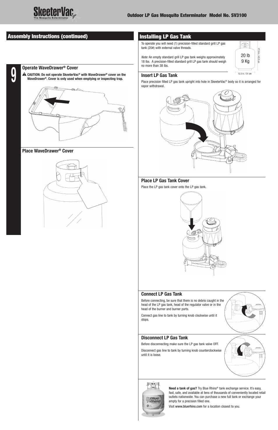 Installing lp gas tank, Assembly instructions (continued) | Blue Rhino SV3100 User Manual | Page 6 / 8