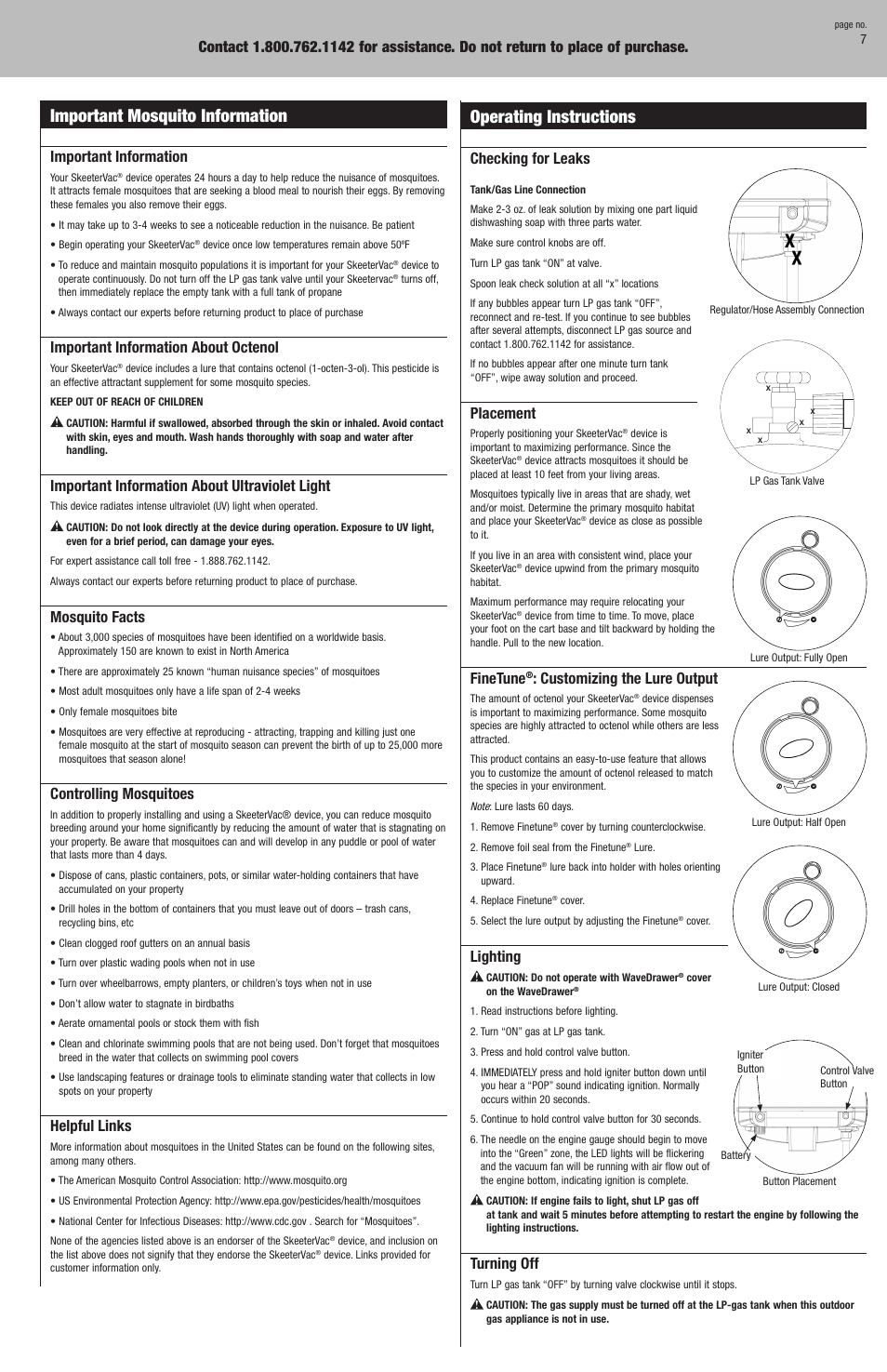 Operating instructions, Important mosquito information, Checking for leaks | Placement, Finetune, Customizing the lure output, Lighting, Turning off, Important information, Important information about octenol | Blue Rhino SV3100 User Manual | Page 7 / 8
