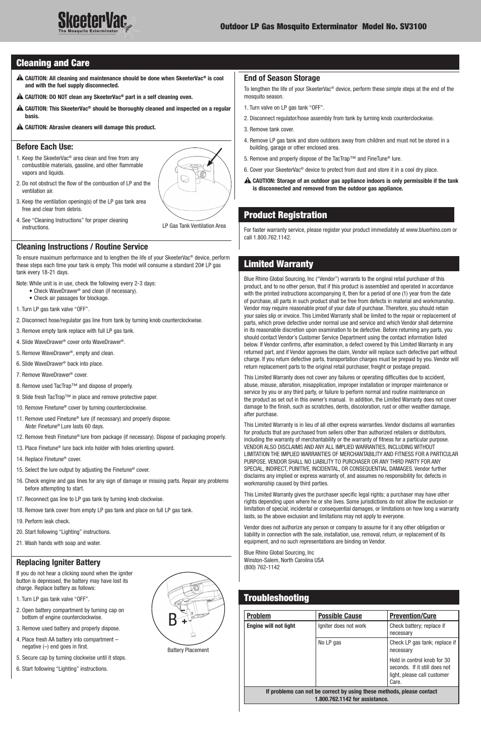 Product registration, Limited warranty, Troubleshooting | Cleaning and care, Before each use, Cleaning instructions / routine service, Replacing igniter battery | Blue Rhino SV3100 User Manual | Page 8 / 8