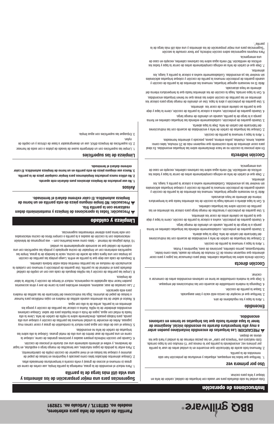 Limpieza y cuidado, Instrucciones de operación | Blue Rhino CBT817L User Manual | Page 11 / 16