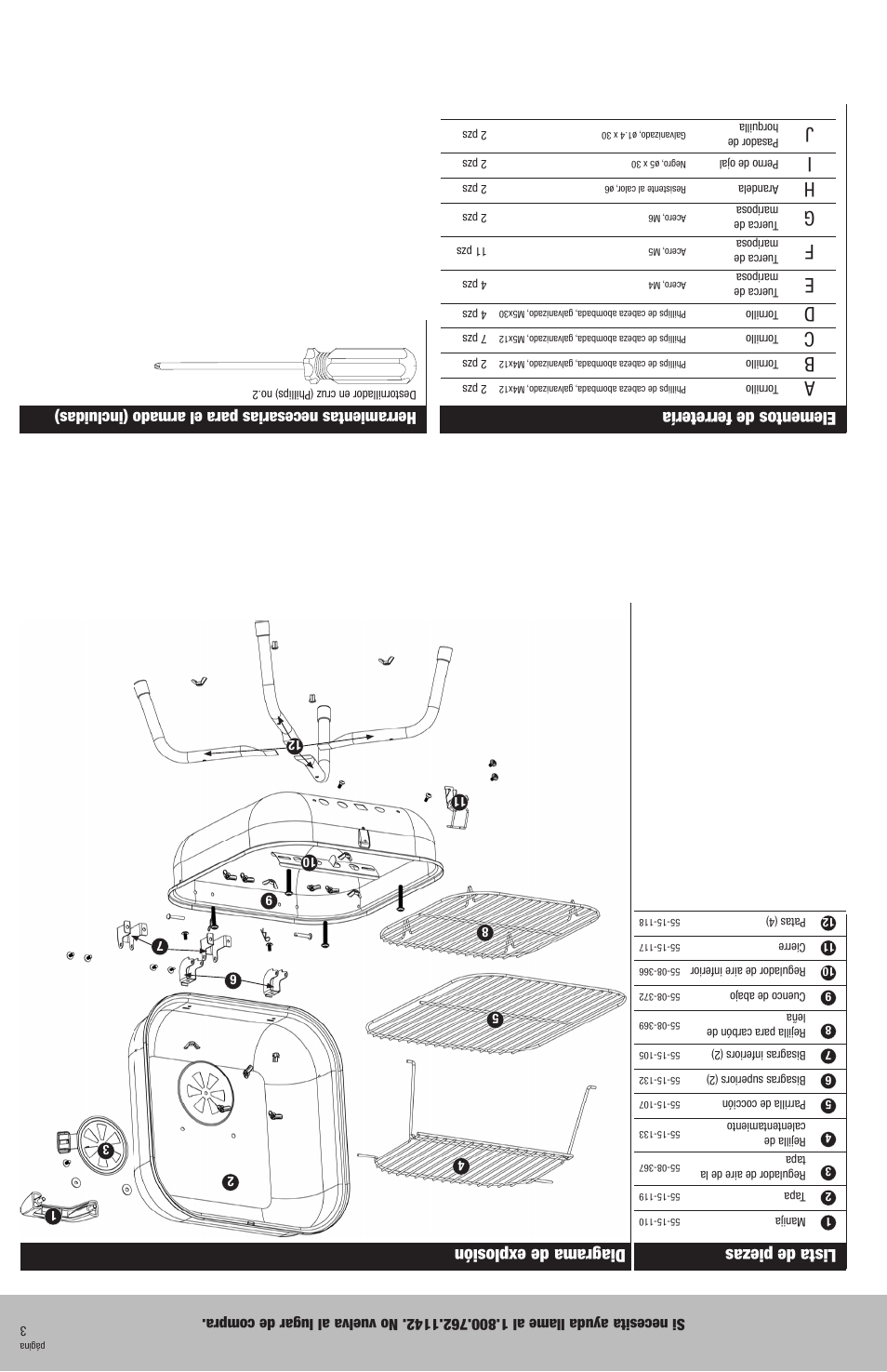 Elementos de ferretería, Lista de piezas, Diagrama de explosión | Herramientas necesarias para el armado (incluidas) | Blue Rhino CBT817L User Manual | Page 14 / 16