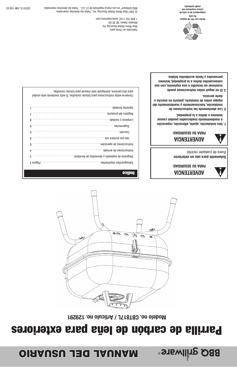 Parrilla de carbón de leña para exteriores, Manual del usuario, Advertencia | Indice | Blue Rhino CBT817L User Manual | Page 16 / 16