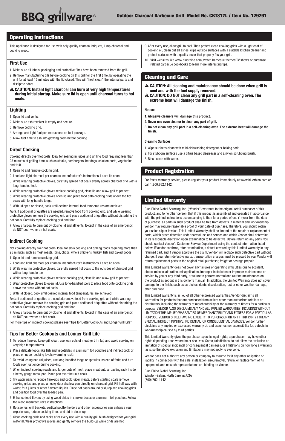 Cleaning and care, Product registration, Limited warranty | Operating instructions | Blue Rhino CBT817L User Manual | Page 6 / 16