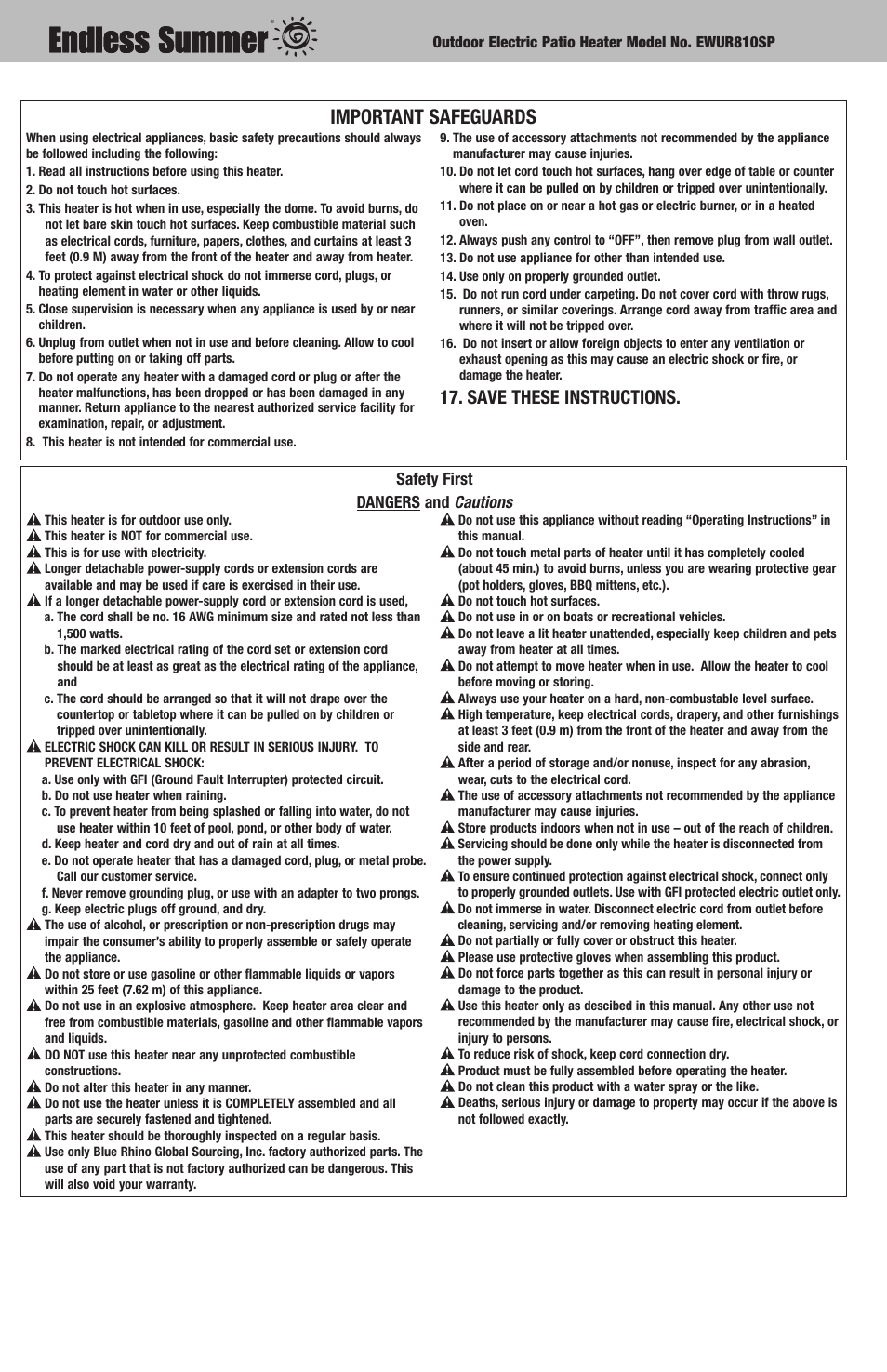 Important safeguards, Save these instructions, Safety first dangers and cautions | Blue Rhino Endless Summer EWUR810SP User Manual | Page 2 / 8