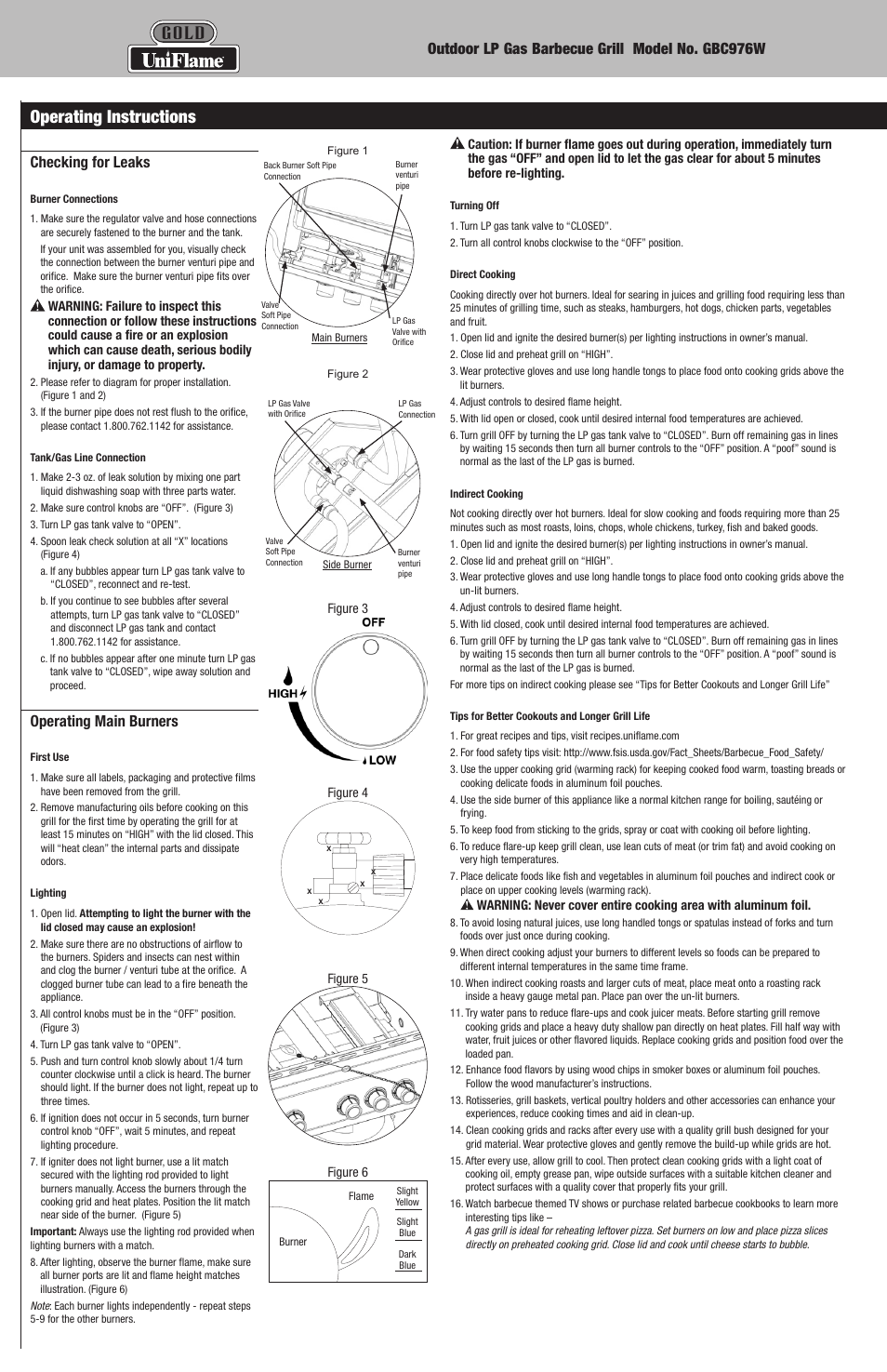 Operating instructions, Gold, Checking for leaks | Operating main burners | Blue Rhino GBC976W User Manual | Page 10 / 28