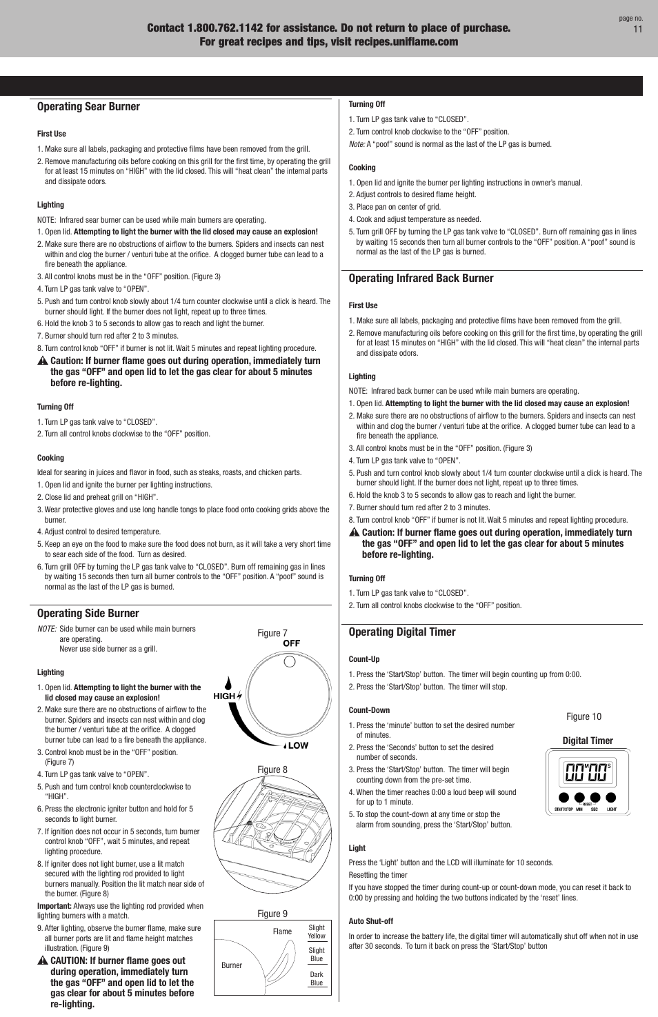 Operating instructions, Operating infrared back burner, Operating digital timer | Checking for leaks, Operating main burners, Operating sear burner, Operating side burner | Blue Rhino GBC976W User Manual | Page 11 / 28