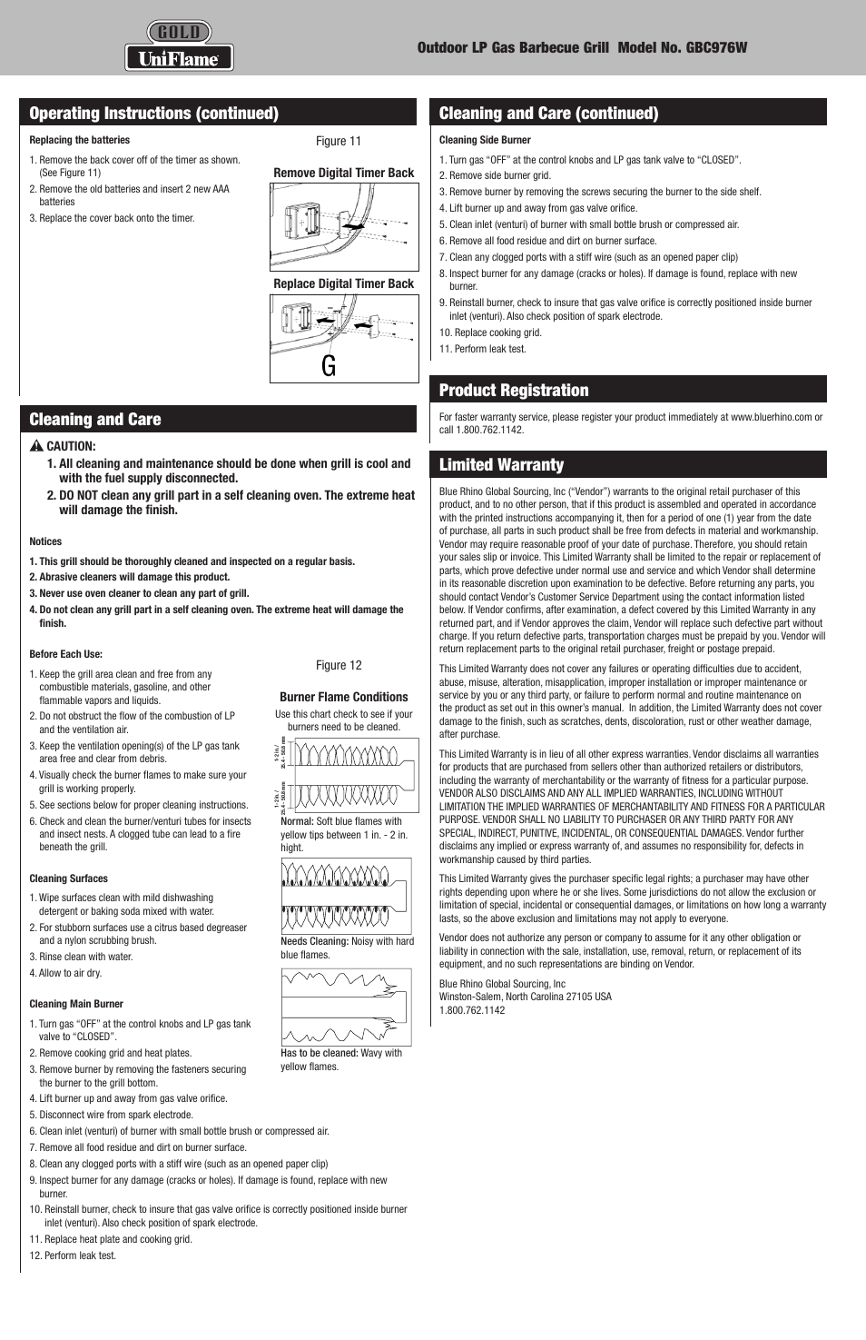 Cleaning and care, Product registration, Limited warranty | Gold | Blue Rhino GBC976W User Manual | Page 12 / 28