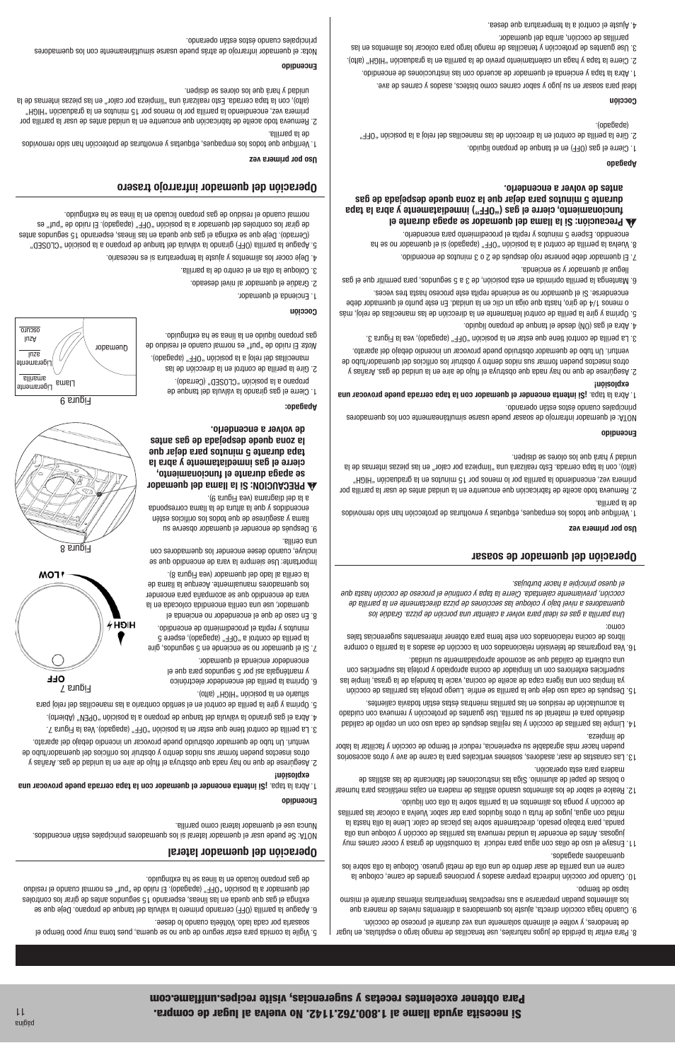 Instrucciones de operación, Comprobar si hay fugas, Operación de los quemadores principales | Operación del quemador de soasar, Operación del quemador lateral, Operación del quemador infrarrojo trasero | Blue Rhino GBC976W User Manual | Page 18 / 28