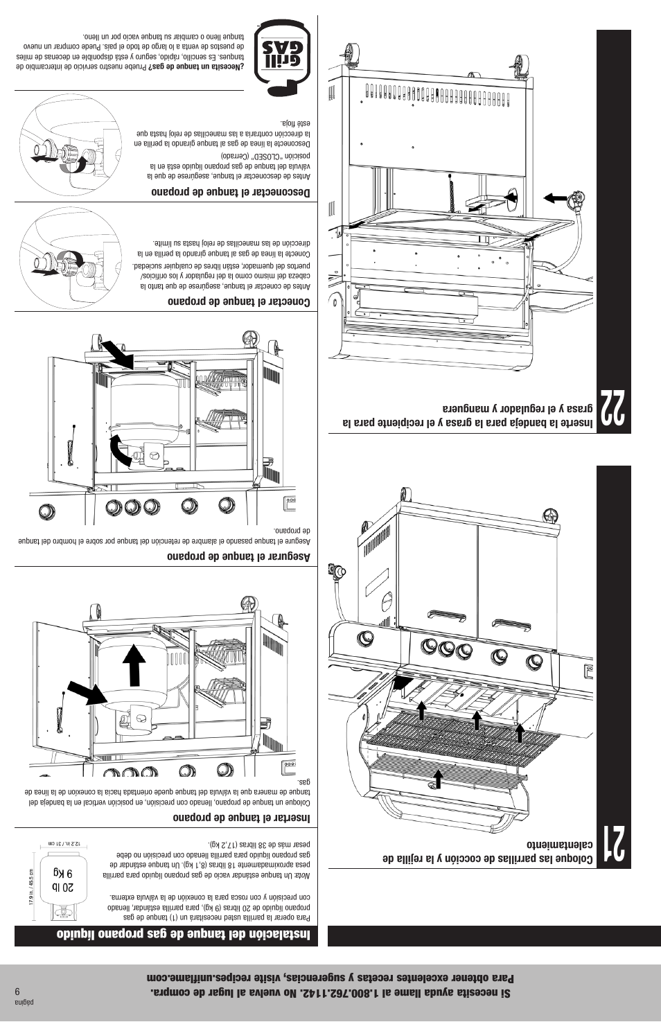 Instrucciones de armado (continuación), Instalación del tanque de gas propano líquido | Blue Rhino GBC976W User Manual | Page 20 / 28