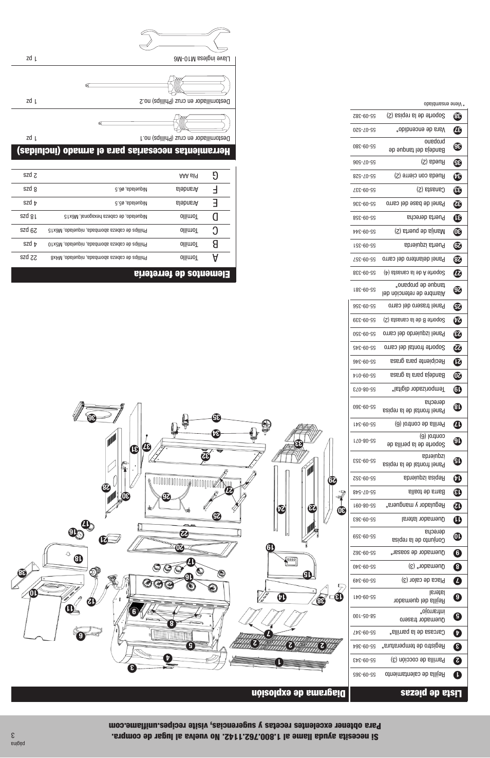 Lista de piezas, Diagrama de explosión elementos de ferretería, Herramientas necesarias para el armado (incluidas) | Blue Rhino GBC976W User Manual | Page 26 / 28