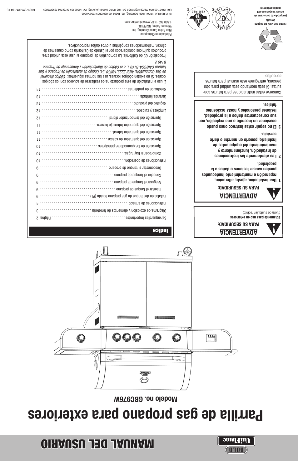 Parrilla de gas propano para e xteriores, Manual del usu ario, Modelo no. gbc976w | Advertencia, Indice, Go ld | Blue Rhino GBC976W User Manual | Page 28 / 28