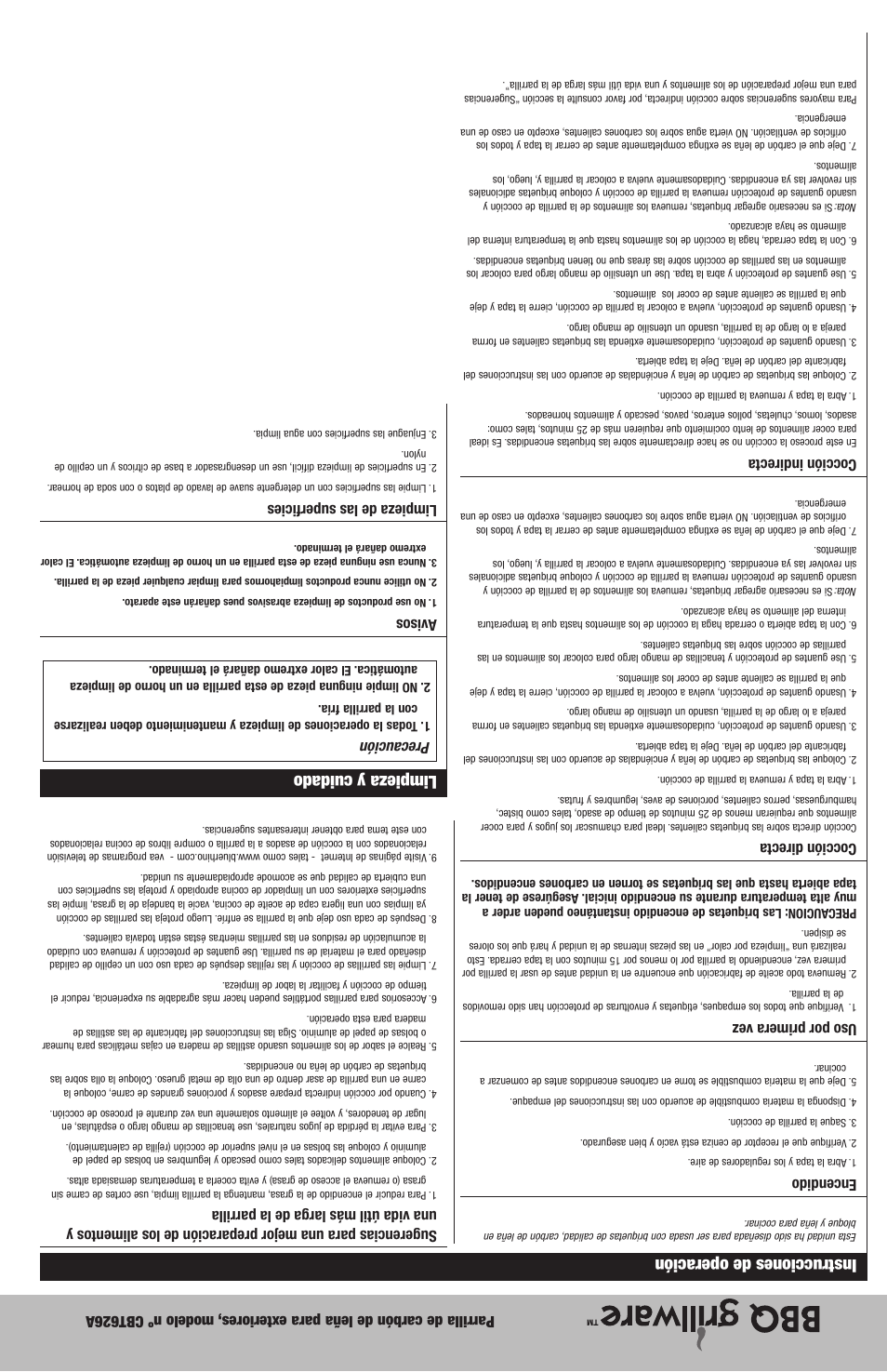 Limpieza y cuidado, Instrucciones de operación, Precaución | Avisos, Limpieza de las superficies, Encendido, Uso por primera vez, Cocción directa, Cocción indirecta | Blue Rhino CBT626A User Manual | Page 11 / 16