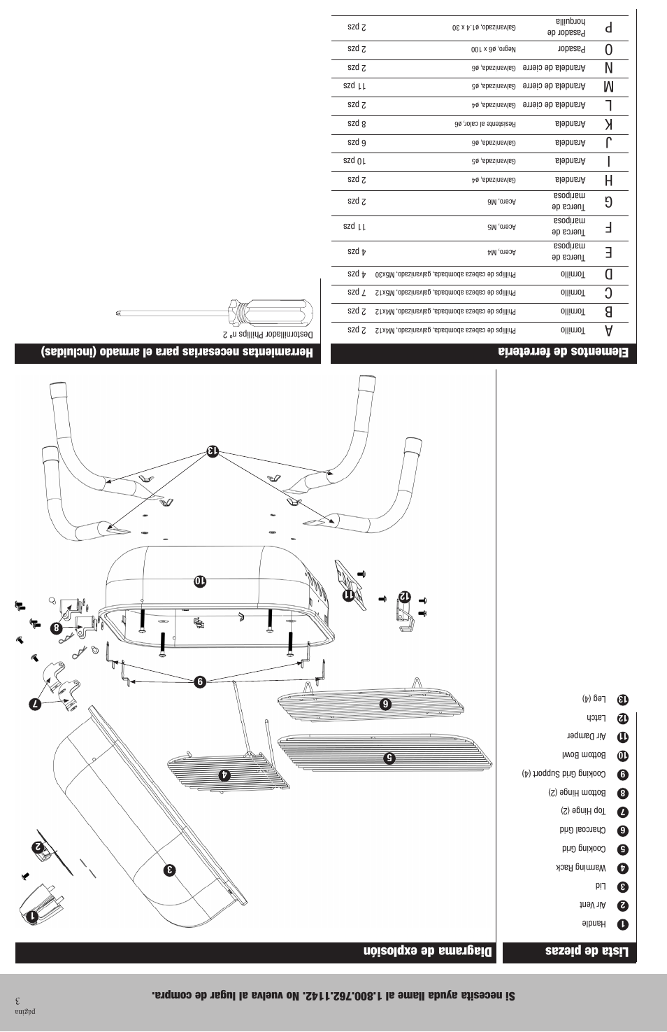 Lista de piezas, Diagrama de explosión, Elementos de ferretería | Herramientas necesarias para el armado (incluidas) | Blue Rhino CBT626A User Manual | Page 14 / 16