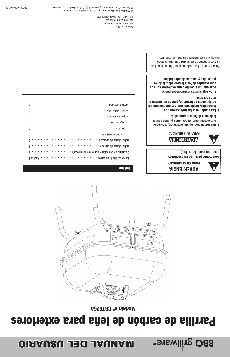 Parrilla de carbón de leña para exteriores, Manual del usuario, Modelo nº cbt626a | Advertencia, Indice | Blue Rhino CBT626A User Manual | Page 16 / 16