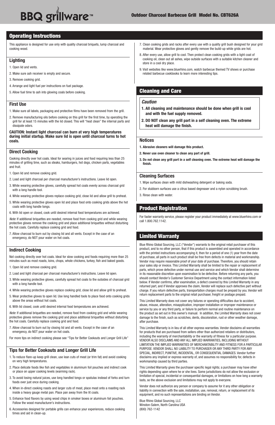 Cleaning and care, Product registration, Limited warranty | Operating instructions | Blue Rhino CBT626A User Manual | Page 6 / 16