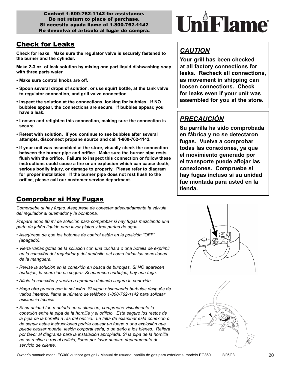 Check for leaks, Comprobar si hay fugas, Caution | Precaución | Blue Rhino EG360 User Manual | Page 21 / 40