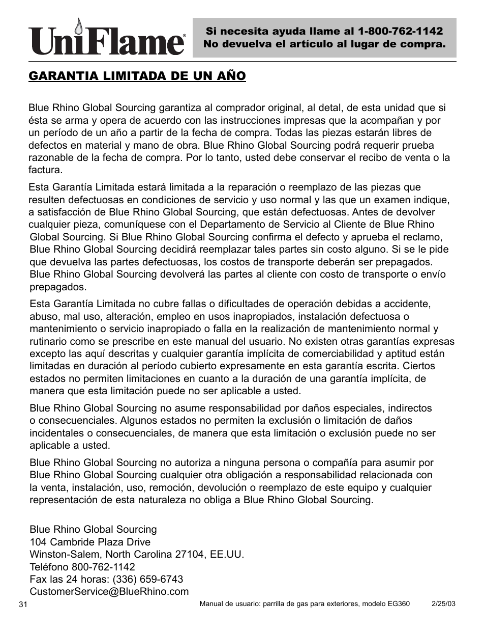 Garantia limitada de un año | Blue Rhino EG360 User Manual | Page 32 / 40