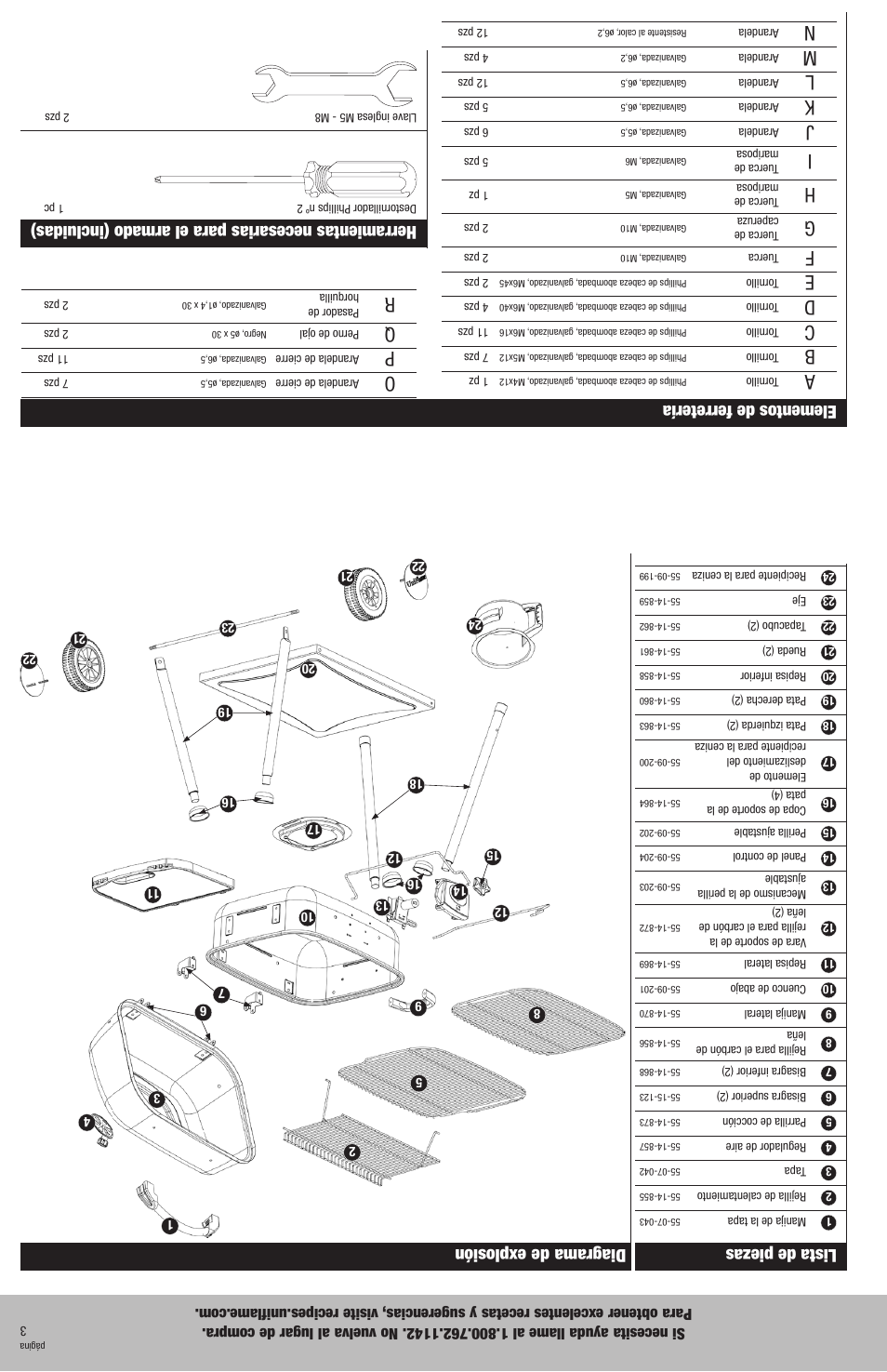 Lista de piezas, Diagrama de explosión, Elementos de ferretería | Herramientas necesarias para el armado (incluidas) | Blue Rhino CBC930W User Manual | Page 14 / 16