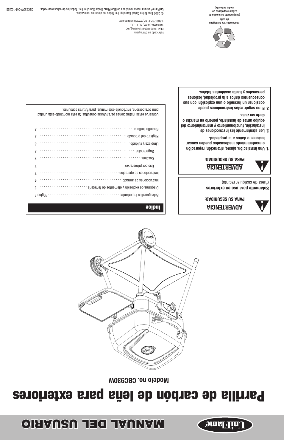 Parrilla de carbón de leña para exteriores, Manual del usuario, Modelo no. cbc930w | Advertencia, Indice | Blue Rhino CBC930W User Manual | Page 16 / 16