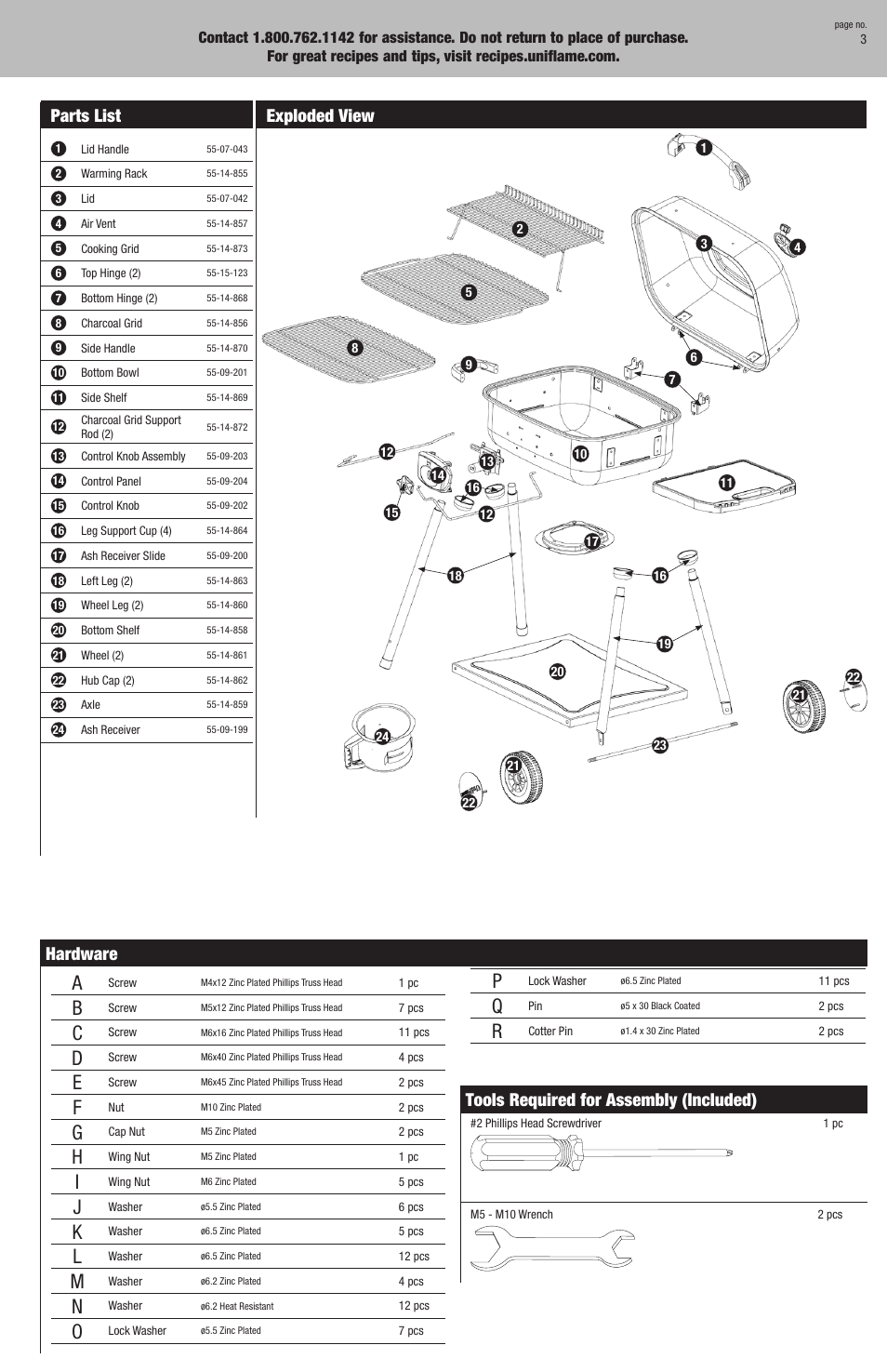 Parts list, Exploded view, Hardware | Tools required for assembly (included) | Blue Rhino CBC930W User Manual | Page 3 / 16