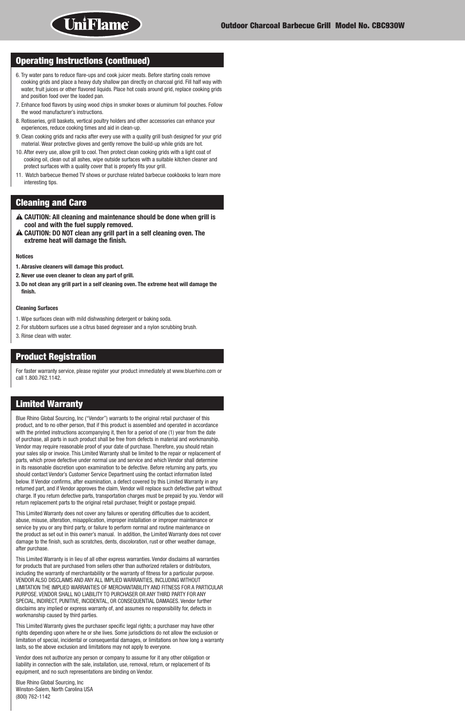 Cleaning and care, Product registration, Limited warranty | Operating instructions (continued) | Blue Rhino CBC930W User Manual | Page 8 / 16