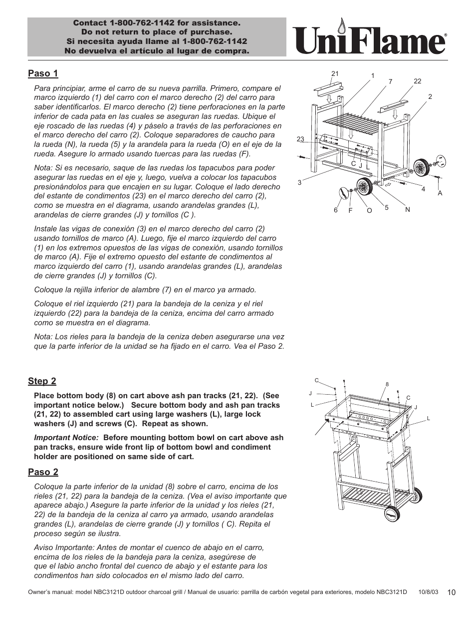 Step 2, Paso 2, Paso 1 | Blue Rhino UniFlame NBC3121D User Manual | Page 11 / 28