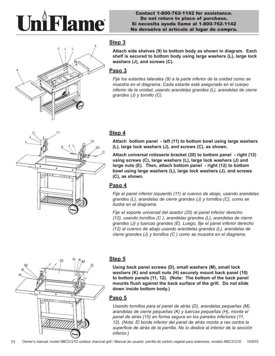 Step 3, Paso 3, Step 4 | Paso 4, Step 5, Paso 5 | Blue Rhino UniFlame NBC3121D User Manual | Page 12 / 28