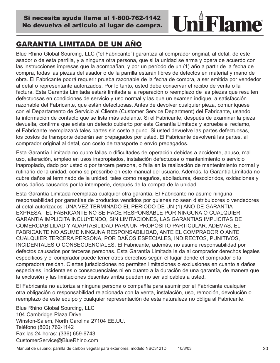 Garantia limitada de un año | Blue Rhino UniFlame NBC3121D User Manual | Page 21 / 28