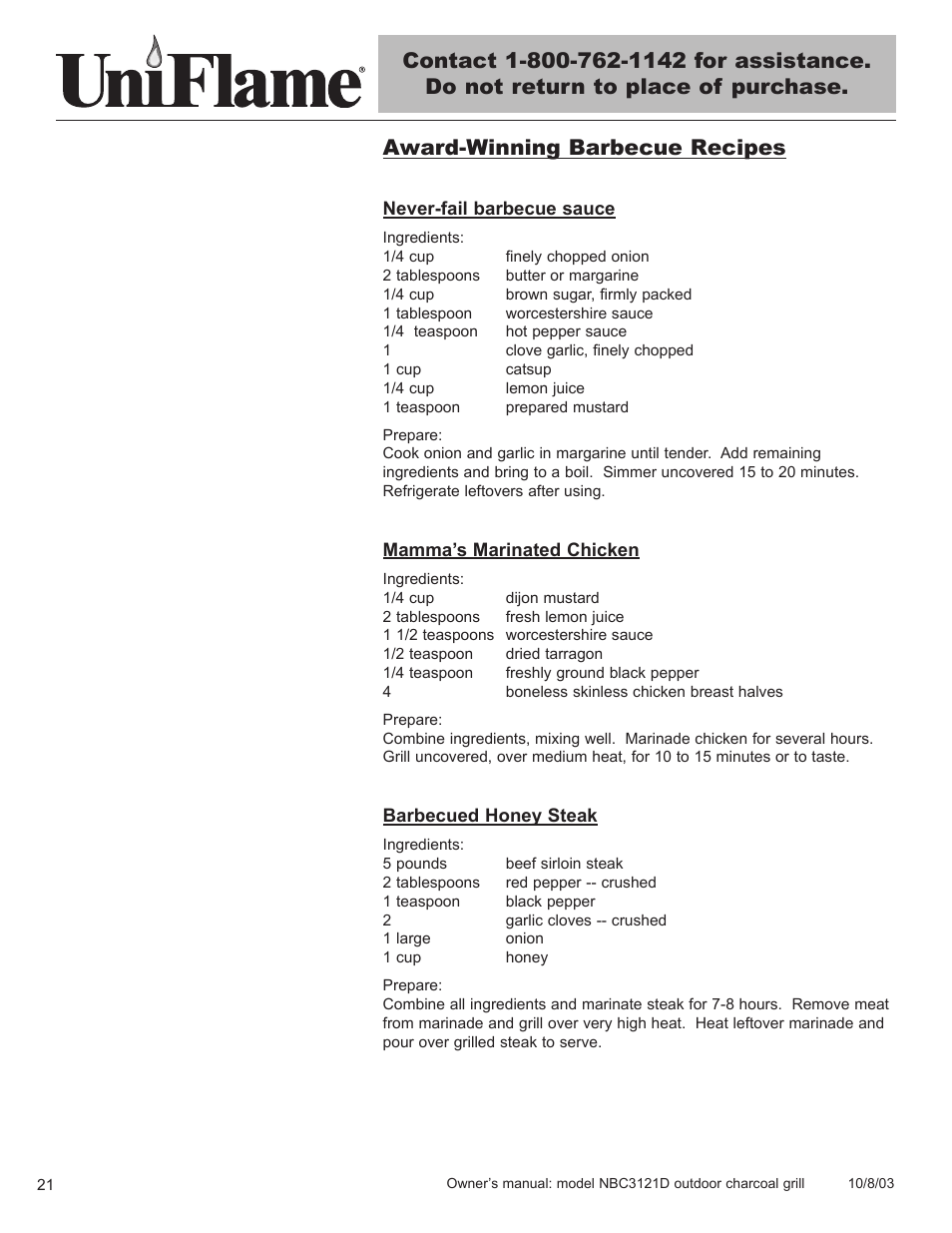 Award-winning barbecue recipes | Blue Rhino UniFlame NBC3121D User Manual | Page 22 / 28