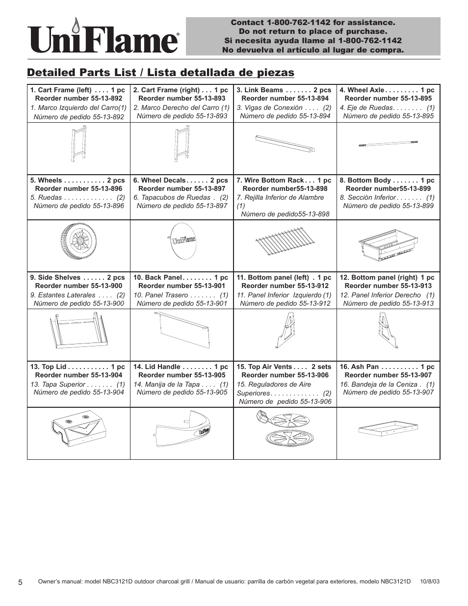 Detailed parts list / lista detallada de piezas | Blue Rhino UniFlame NBC3121D User Manual | Page 6 / 28