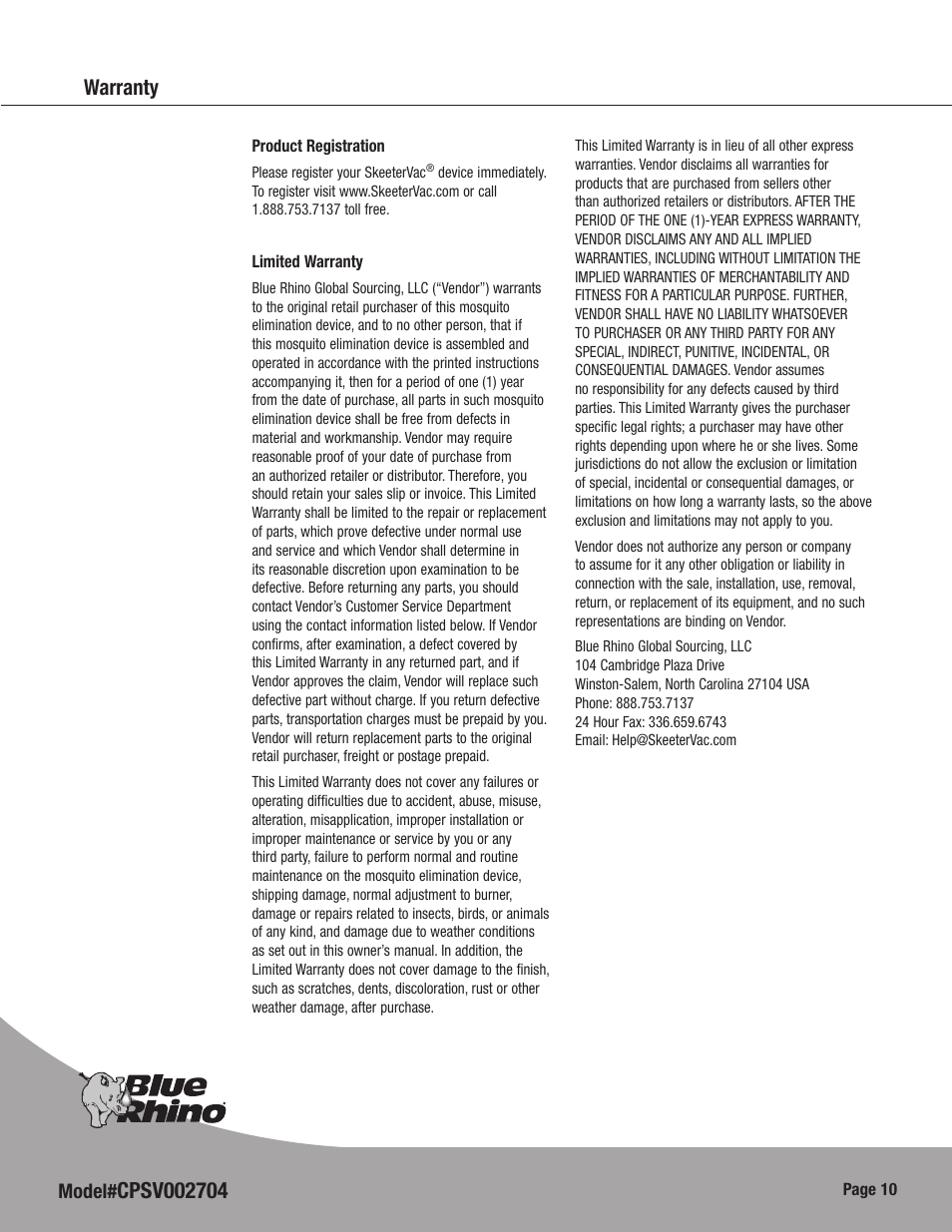 Warranty | Blue Rhino CPSV002704 User Manual | Page 12 / 16