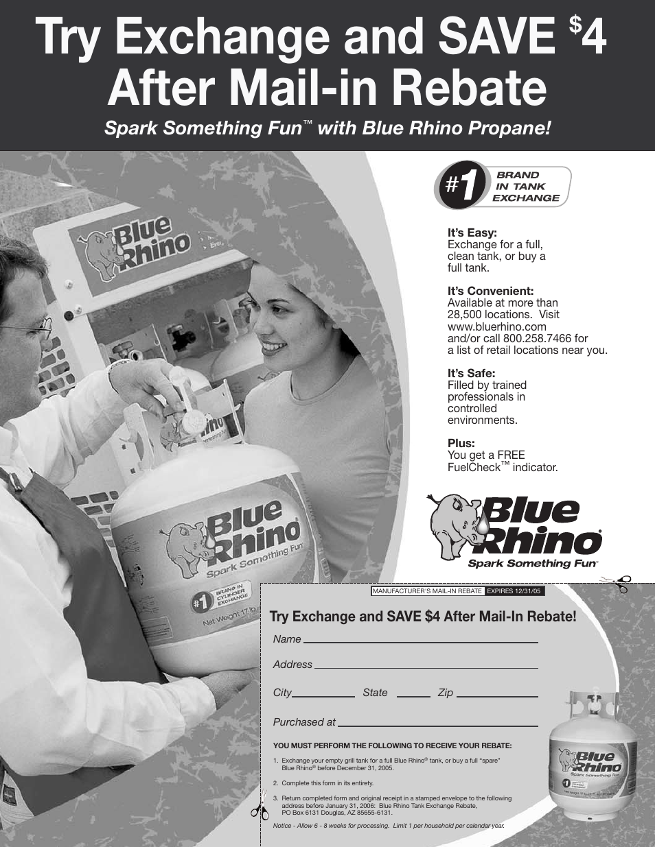 Try exchange and save, 4after mail-in rebate, Spark something fun | With blue rhino propane | Blue Rhino CPSV002704 User Manual | Page 16 / 16