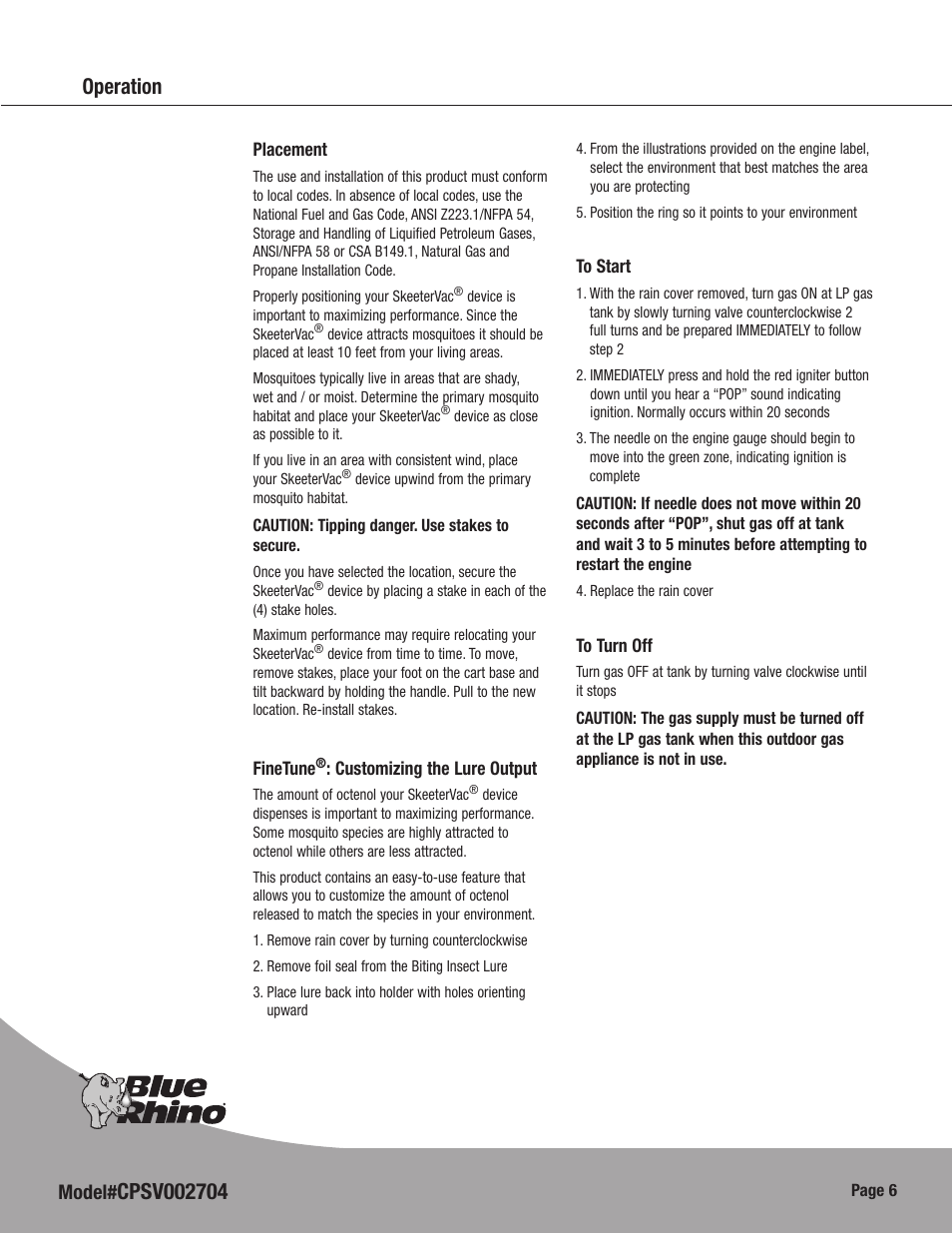 Operation, Model | Blue Rhino CPSV002704 User Manual | Page 8 / 16