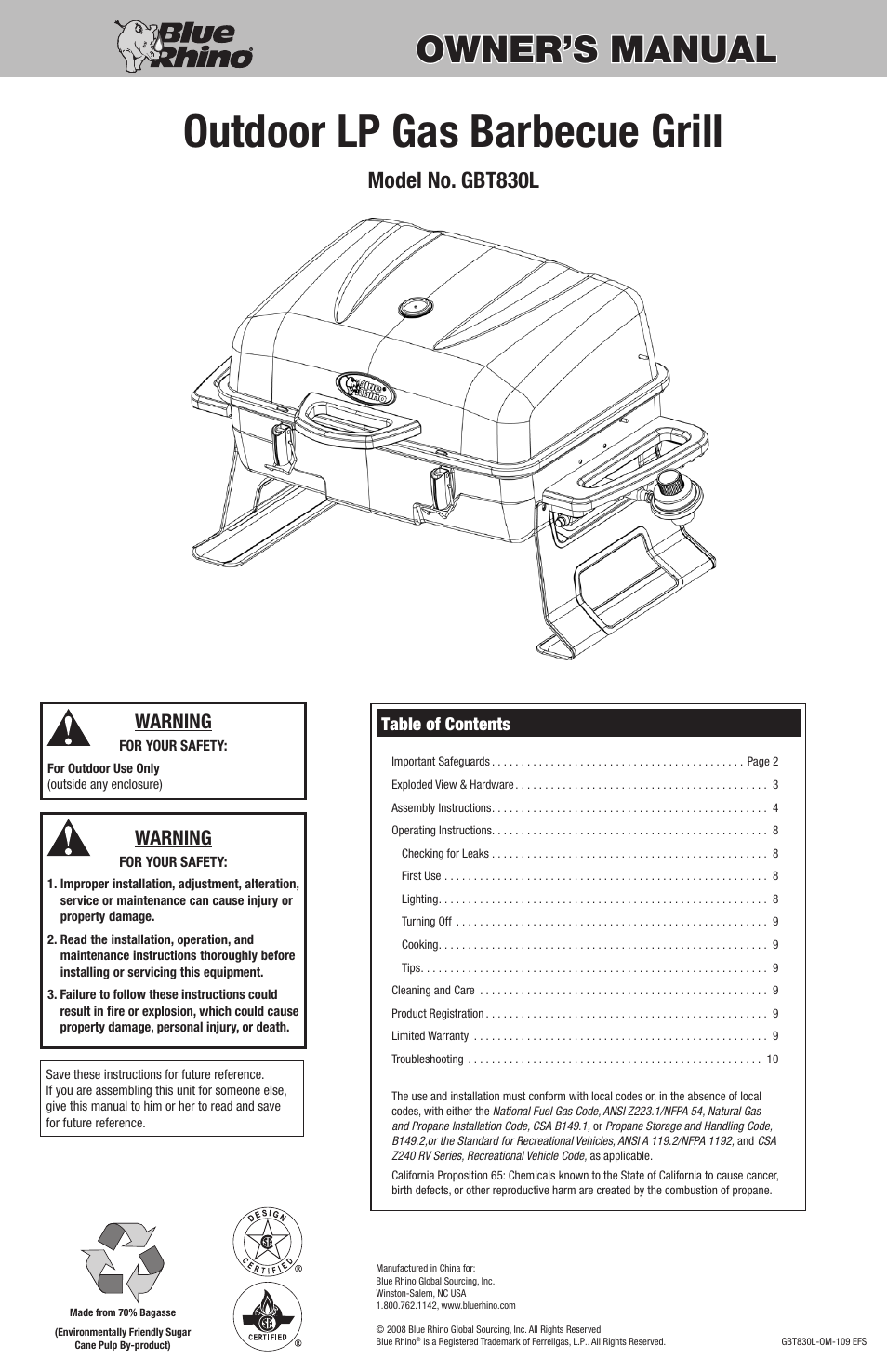 Blue Rhino Outdoor LP Gas Barbecue Grill GBT830L User Manual | 32 pages