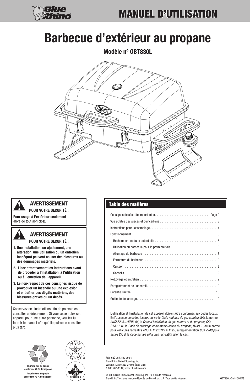 Blue Rhino Outdoor LP Gas Barbecue Grill GBT830L User Manual | Page 11 / 32