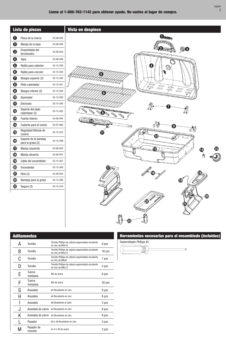 Aditamentos, Lista de piezas, Vista en despiece | Blue Rhino Outdoor LP Gas Barbecue Grill GBT830L User Manual | Page 23 / 32