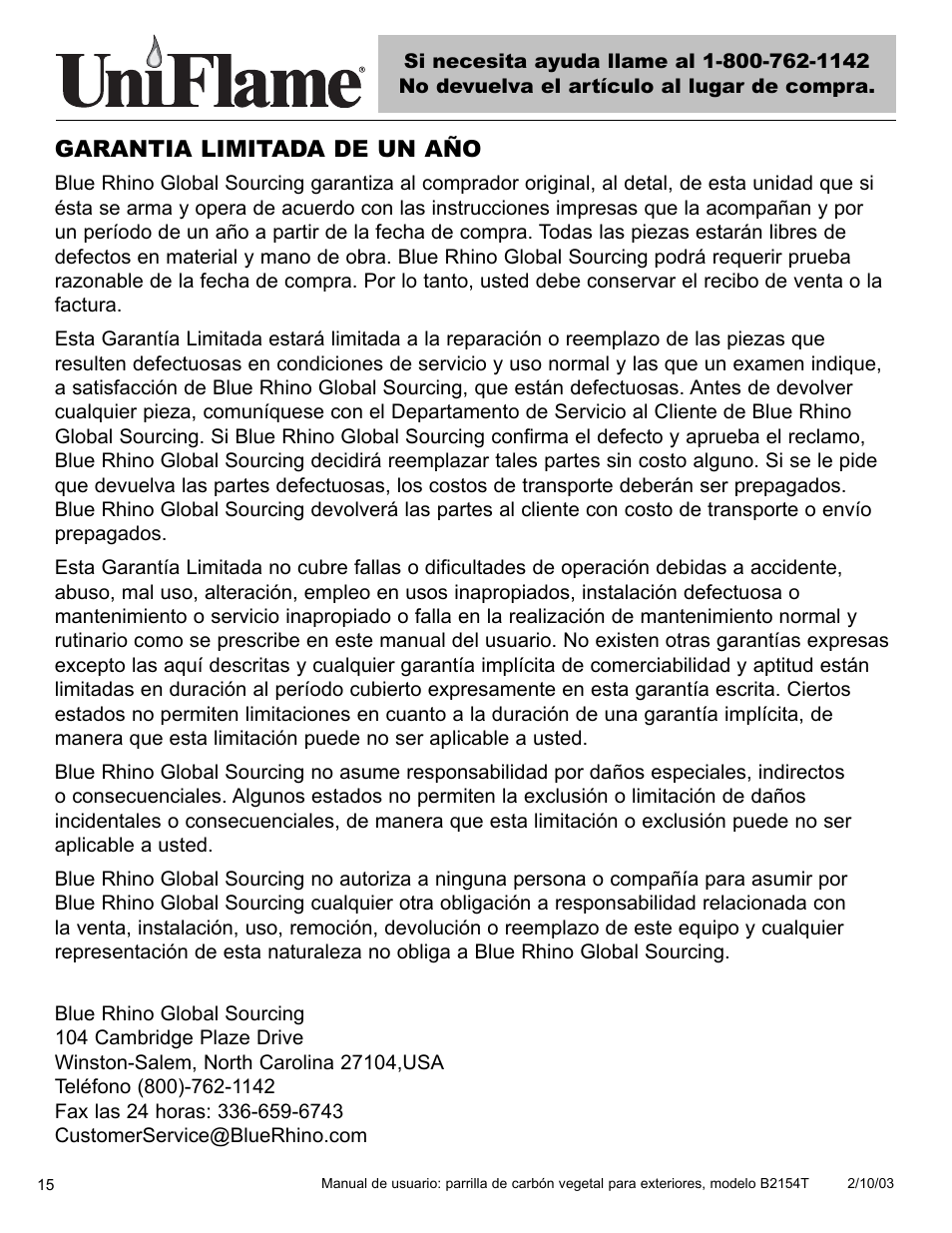 Garantia limitada de un año | Blue Rhino B2154T User Manual | Page 16 / 24