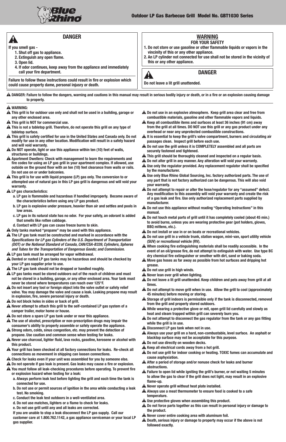 Warning, Danger | Blue Rhino GBT1030 User Manual | Page 2 / 12